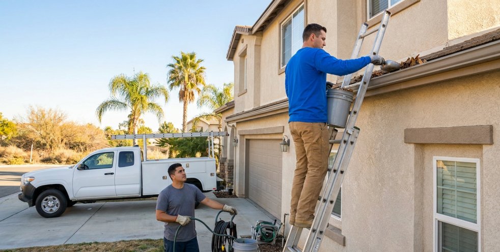 Gutter cleaning professionals removing debris from a California home's gutters using a ladder and bucket