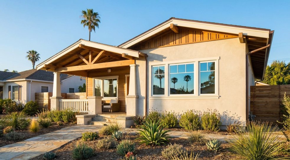 California home with clean windows, a covered porch, palm trees, and drought-tolerant landscaping